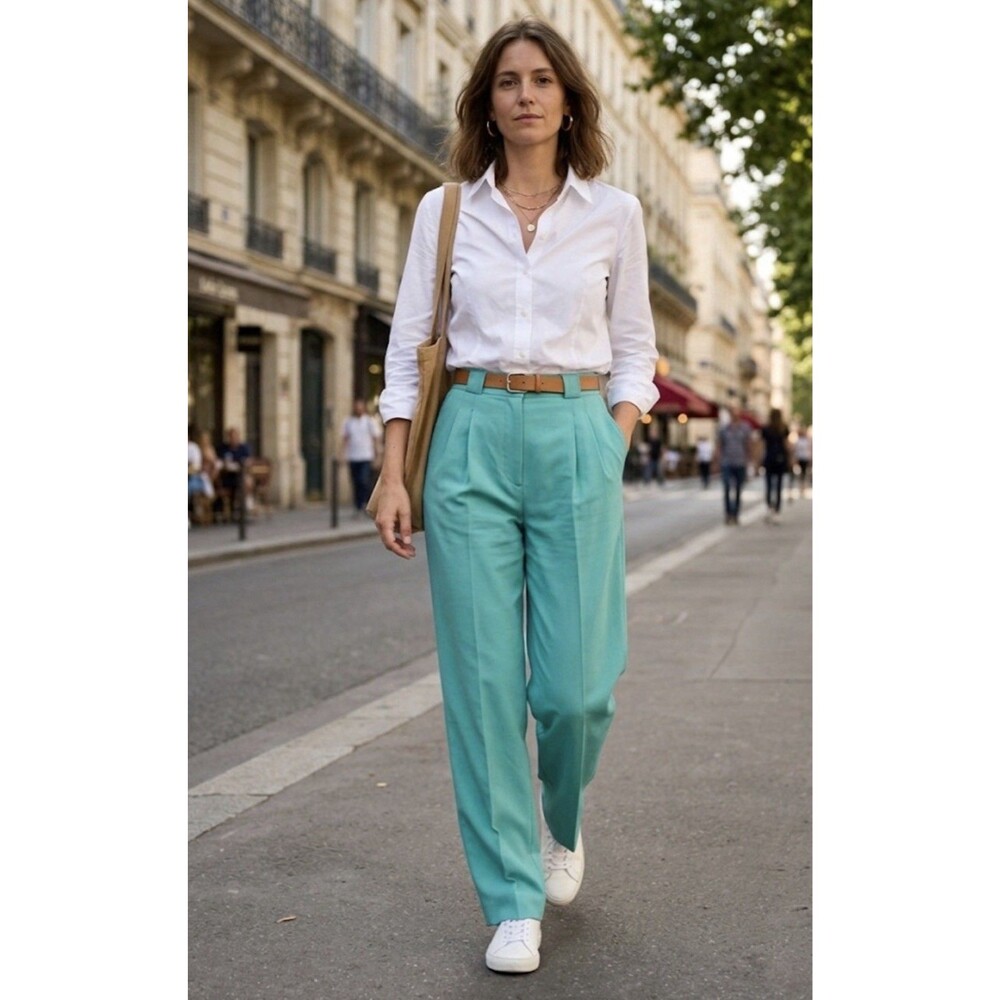 Vintage Tan Jay Pant Dress High-Waist Wide-Leg Trousers Aqua Green Size 14